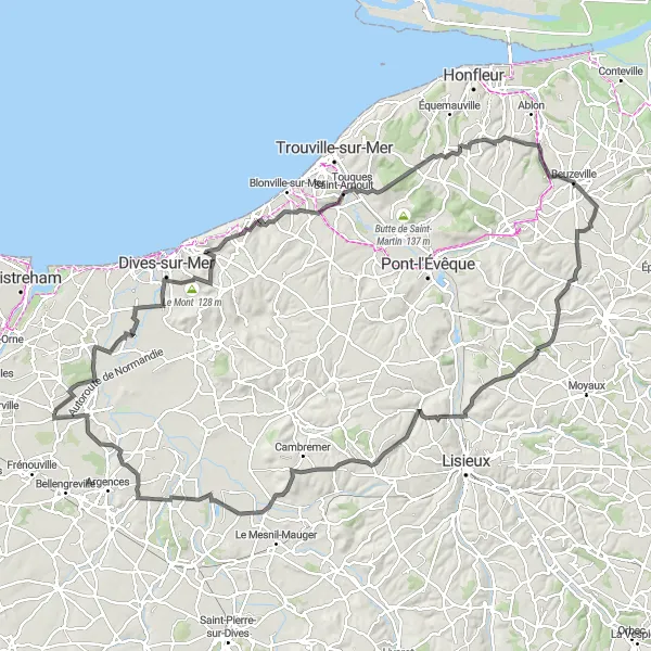 Map miniature of "Road Route: Challenging Climbs and Picturesque Villages" cycling inspiration in Basse-Normandie, France. Generated by Tarmacs.app cycling route planner