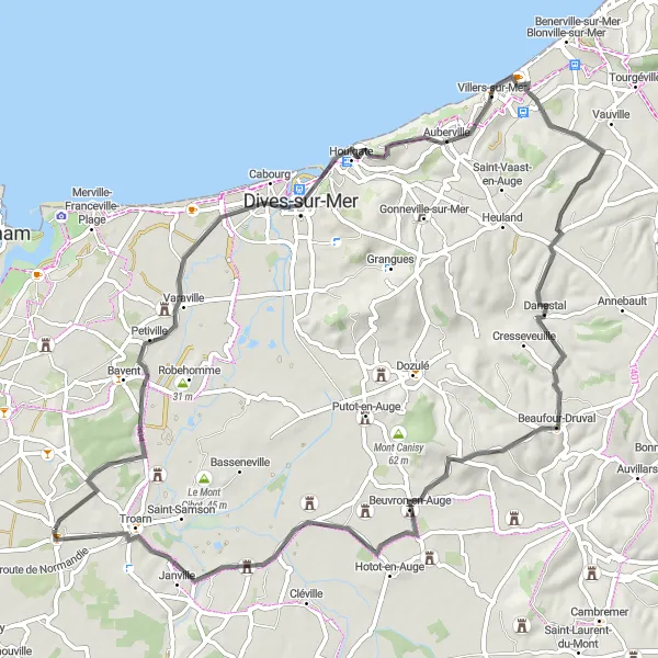 Miniature de la carte de l'inspiration cycliste "Route autour de Sannerville et Petiville" dans la Basse-Normandie, France. Générée par le planificateur d'itinéraire cycliste Tarmacs.app