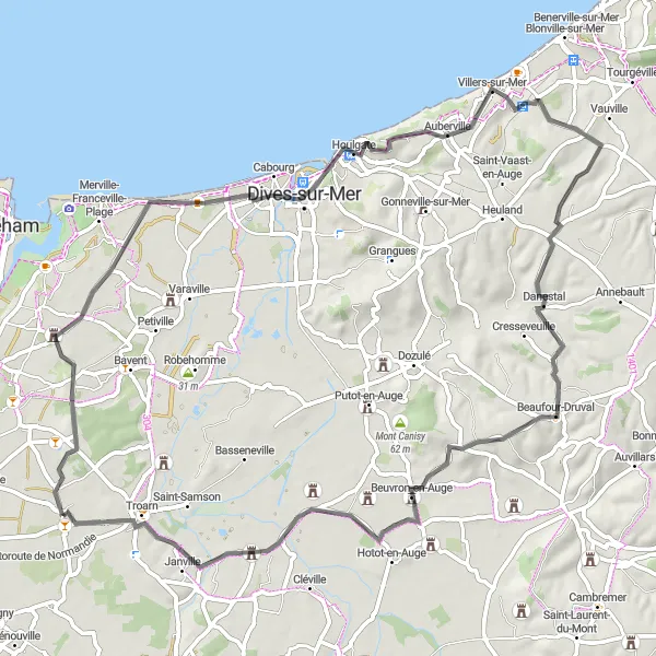 Map miniature of "Challenging Hills and Historic Towns" cycling inspiration in Basse-Normandie, France. Generated by Tarmacs.app cycling route planner