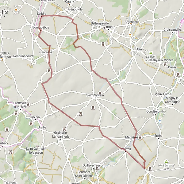 Map miniature of "Poussy-la-Campagne and Bourguébus Gravel Route" cycling inspiration in Basse-Normandie, France. Generated by Tarmacs.app cycling route planner