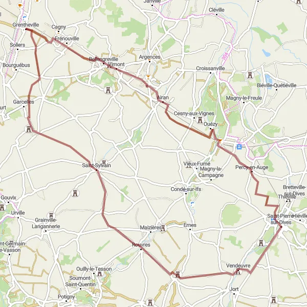 Miniature de la carte de l'inspiration cycliste "Exploration de Grentheville" dans la Basse-Normandie, France. Générée par le planificateur d'itinéraire cycliste Tarmacs.app