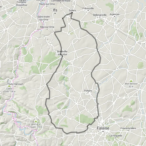 Miniature de la carte de l'inspiration cycliste "Parcours à travers Estrées-la-Campagne" dans la Basse-Normandie, France. Générée par le planificateur d'itinéraire cycliste Tarmacs.app