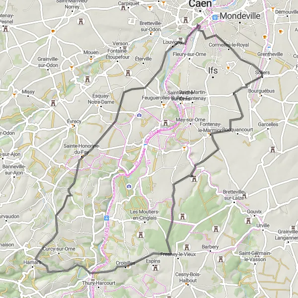 Map miniature of "Challenging Road Adventure" cycling inspiration in Basse-Normandie, France. Generated by Tarmacs.app cycling route planner