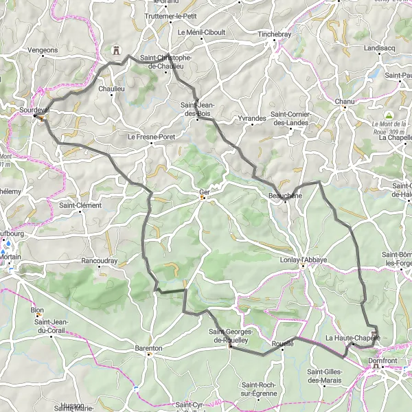 Map miniature of "Saint-Jean-des-Bois and Saint-Georges-de-Rouelley" cycling inspiration in Basse-Normandie, France. Generated by Tarmacs.app cycling route planner