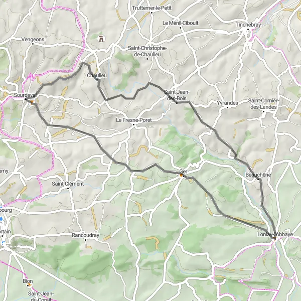 Miniature de la carte de l'inspiration cycliste "Tour des belvédères de Chaulieu" dans la Basse-Normandie, France. Générée par le planificateur d'itinéraire cycliste Tarmacs.app