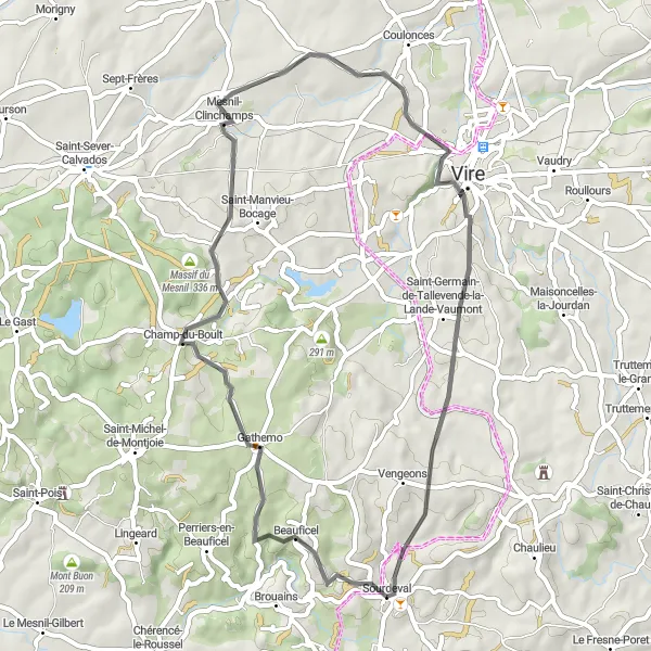 Miniature de la carte de l'inspiration cycliste "Parcours historique autour de Sourdeval" dans la Basse-Normandie, France. Générée par le planificateur d'itinéraire cycliste Tarmacs.app
