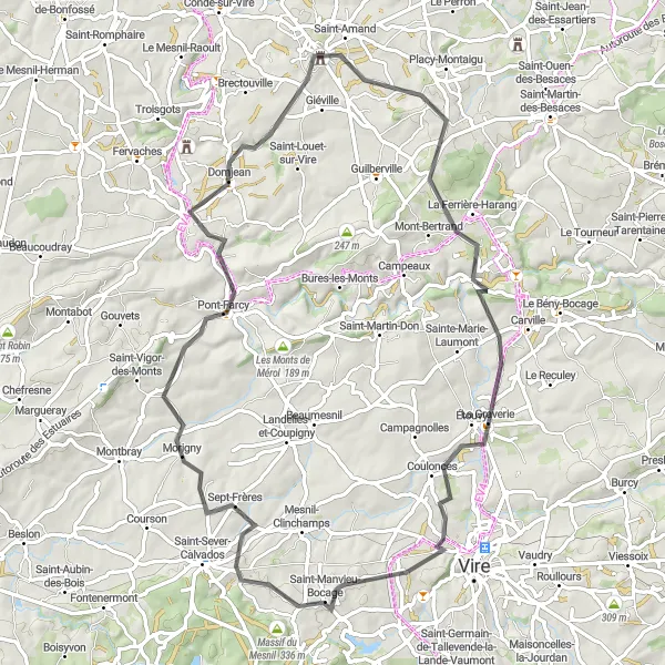 Map miniature of "Torigni-sur-Vire to Pont-Farcy Road Cycling Route" cycling inspiration in Basse-Normandie, France. Generated by Tarmacs.app cycling route planner