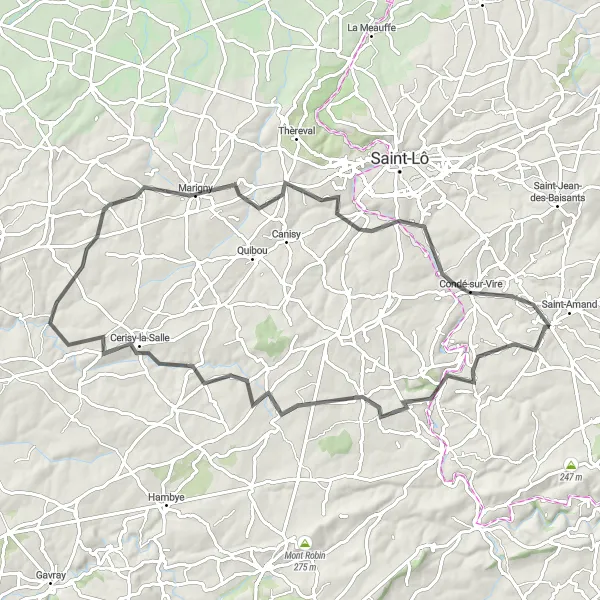 Map miniature of "Torigni-sur-Vire to Condé-sur-Vire Road Cycling Route" cycling inspiration in Basse-Normandie, France. Generated by Tarmacs.app cycling route planner