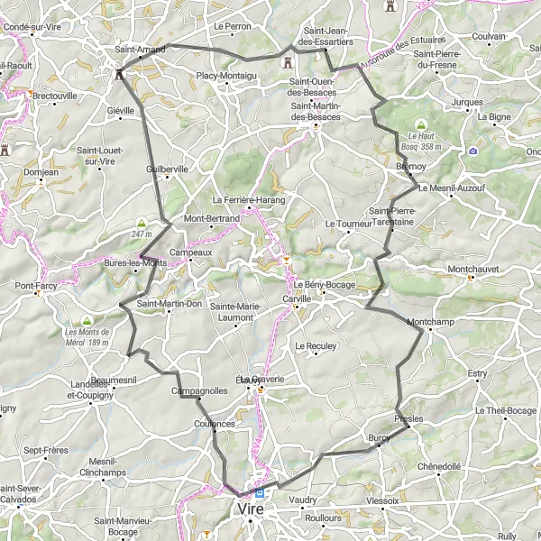 Map miniature of "The Vire Valley Ride" cycling inspiration in Basse-Normandie, France. Generated by Tarmacs.app cycling route planner