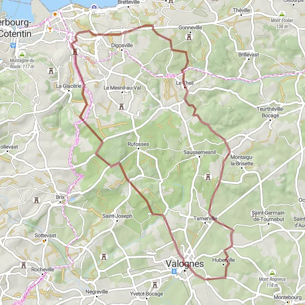 Miniature de la carte de l'inspiration cycliste "Parcours de gravel autour de Tourlaville" dans la Basse-Normandie, France. Générée par le planificateur d'itinéraire cycliste Tarmacs.app