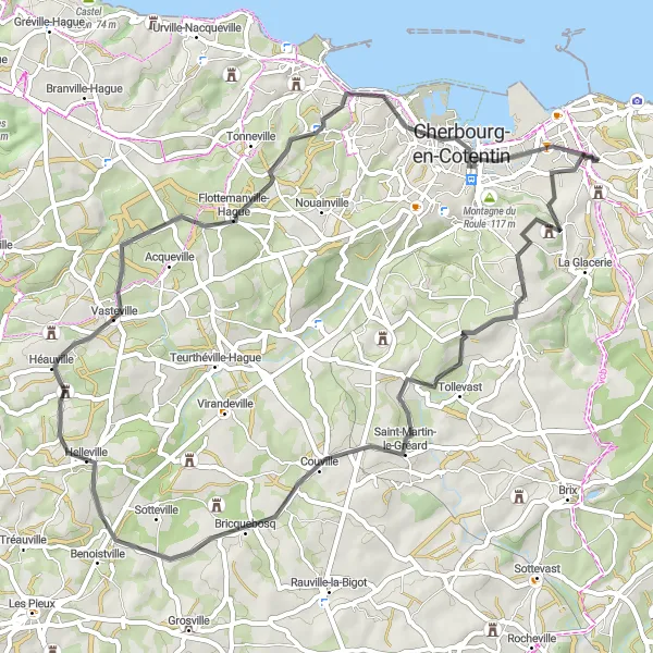 Map miniature of "Normandy Road Escape" cycling inspiration in Basse-Normandie, France. Generated by Tarmacs.app cycling route planner