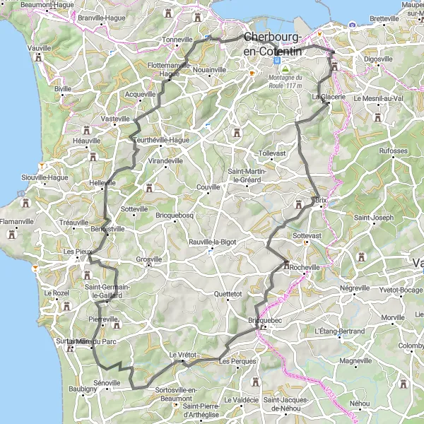 Miniature de la carte de l'inspiration cycliste "Parcours de route panoramique à proximité de Tourlaville" dans la Basse-Normandie, France. Générée par le planificateur d'itinéraire cycliste Tarmacs.app