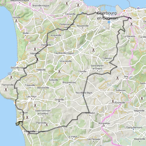 Miniature de la carte de l'inspiration cycliste "Le littoral de la Hague en vélo de route" dans la Basse-Normandie, France. Générée par le planificateur d'itinéraire cycliste Tarmacs.app