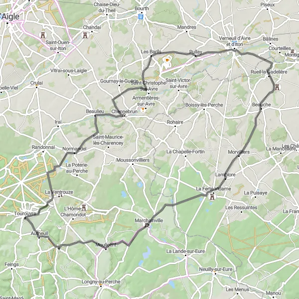 Map miniature of "Tourouvre Loop Adventure" cycling inspiration in Basse-Normandie, France. Generated by Tarmacs.app cycling route planner