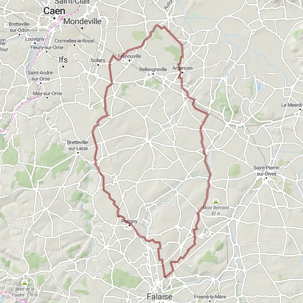 Miniature de la carte de l'inspiration cycliste "Parcours de Gravel de Saint-Pair à Cagny" dans la Basse-Normandie, France. Générée par le planificateur d'itinéraire cycliste Tarmacs.app