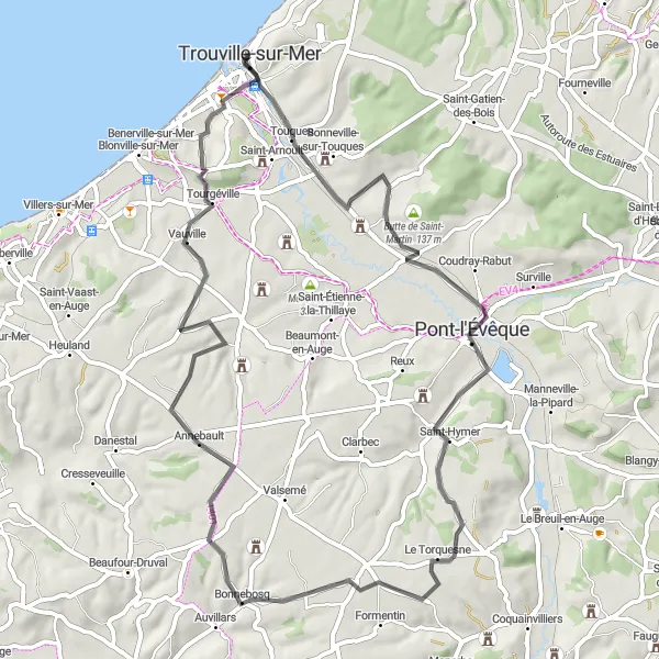 Miniature de la carte de l'inspiration cycliste "Boucle entre Trouville-sur-Mer et Deauville" dans la Basse-Normandie, France. Générée par le planificateur d'itinéraire cycliste Tarmacs.app