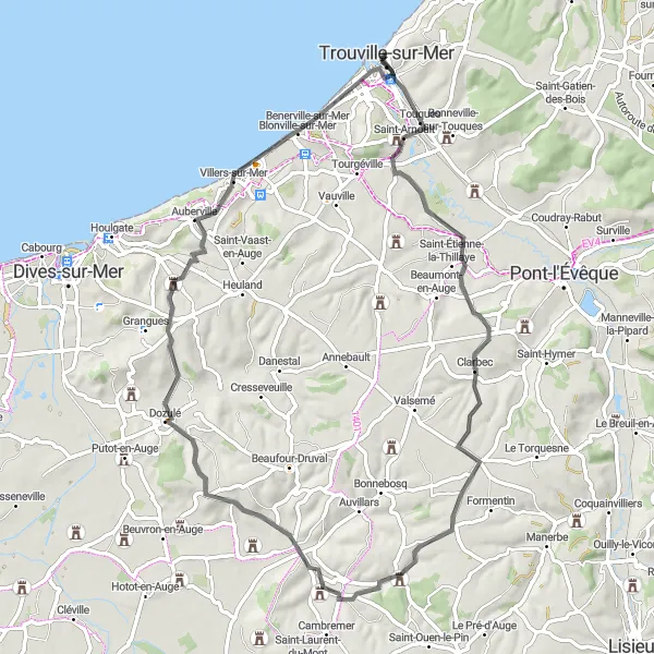 Map miniature of "The Coastal and Inland Retreat" cycling inspiration in Basse-Normandie, France. Generated by Tarmacs.app cycling route planner