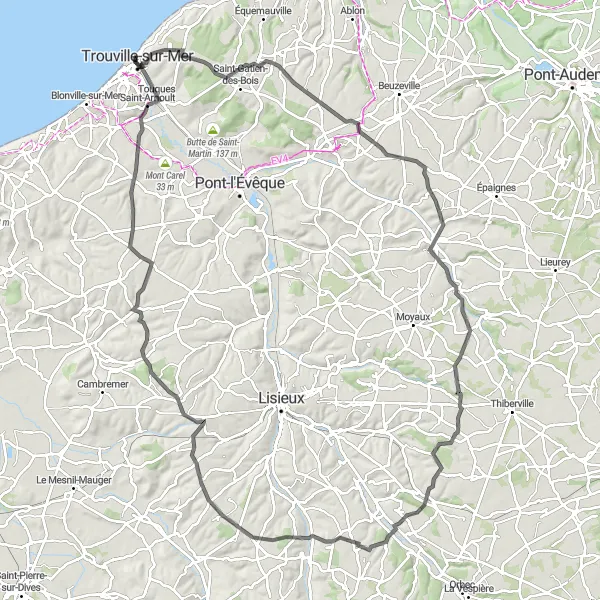 Map miniature of "The Coastal Loop" cycling inspiration in Basse-Normandie, France. Generated by Tarmacs.app cycling route planner