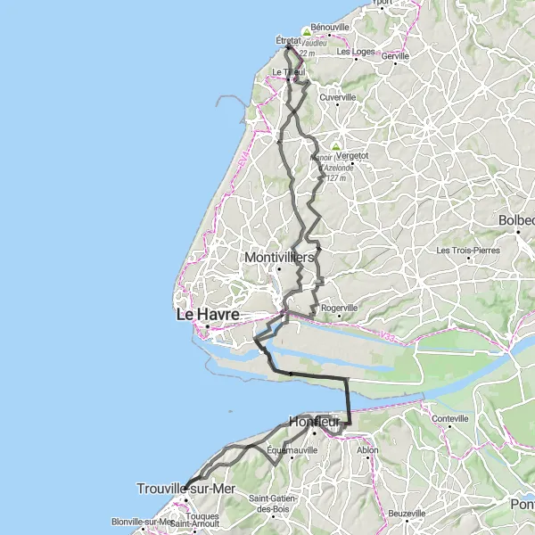 Map miniature of "Normandy Manors and Seaside Villages" cycling inspiration in Basse-Normandie, France. Generated by Tarmacs.app cycling route planner