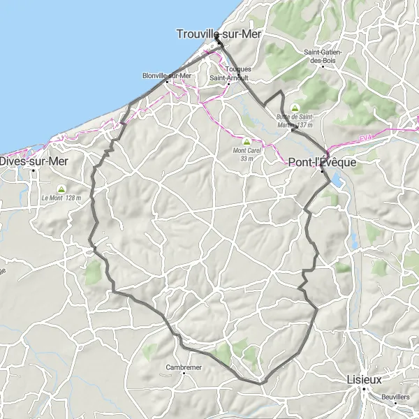 Map miniature of "Scenic Cycling Route to Gonneville-sur-Mer" cycling inspiration in Basse-Normandie, France. Generated by Tarmacs.app cycling route planner