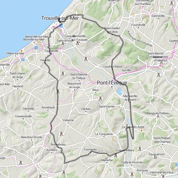 Map miniature of "Saint-Gatien-des-Bois Circuit" cycling inspiration in Basse-Normandie, France. Generated by Tarmacs.app cycling route planner