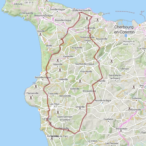 Map miniature of "Gravel Adventure from Urville-Nacqueville to Sainte-Croix-Hague" cycling inspiration in Basse-Normandie, France. Generated by Tarmacs.app cycling route planner