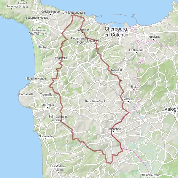 Map miniature of "Gravel Adventure featuring Hardinvast and Bricquebec" cycling inspiration in Basse-Normandie, France. Generated by Tarmacs.app cycling route planner