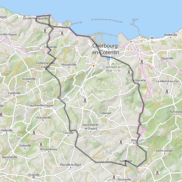 Map miniature of "Scenic Road Cycling Route through Querqueville and Tonneville" cycling inspiration in Basse-Normandie, France. Generated by Tarmacs.app cycling route planner