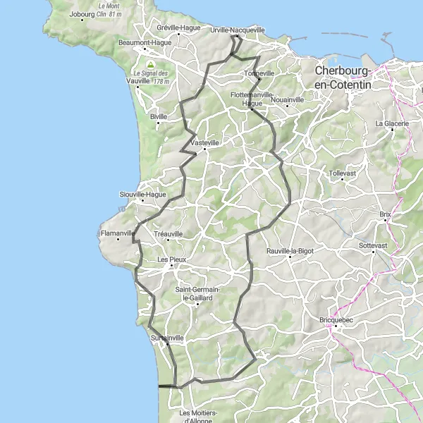 Map miniature of "Urville-Nacqueville to Sainte-Croix-Hague Road Cycling Route" cycling inspiration in Basse-Normandie, France. Generated by Tarmacs.app cycling route planner