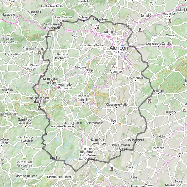 Miniature de la carte de l'inspiration cycliste "Tour des villages de la Sarthe" dans la Basse-Normandie, France. Générée par le planificateur d'itinéraire cycliste Tarmacs.app