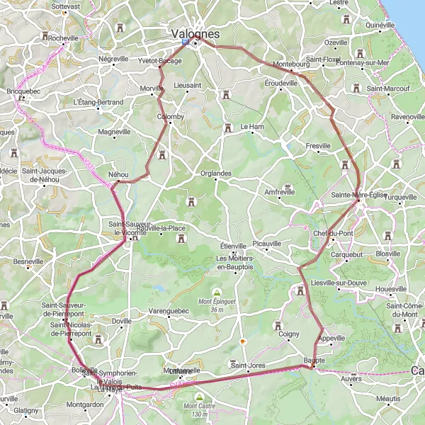 Map miniature of "Gravel Cycling Adventure near Valognes" cycling inspiration in Basse-Normandie, France. Generated by Tarmacs.app cycling route planner