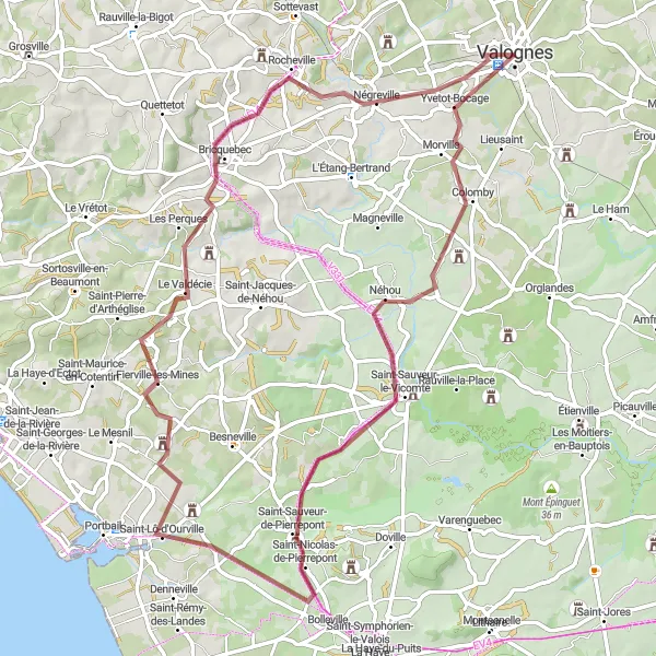 Miniature de la carte de l'inspiration cycliste "Les Chemins de Terre et de Mer" dans la Basse-Normandie, France. Générée par le planificateur d'itinéraire cycliste Tarmacs.app