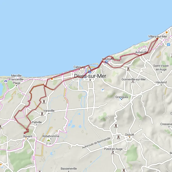 Map miniature of "The Gravel Loop to Auberville" cycling inspiration in Basse-Normandie, France. Generated by Tarmacs.app cycling route planner