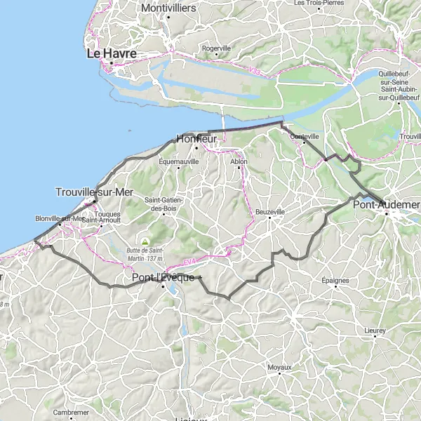 Miniature de la carte de l'inspiration cycliste "Circuit historique de Basse-Normandie" dans la Basse-Normandie, France. Générée par le planificateur d'itinéraire cycliste Tarmacs.app