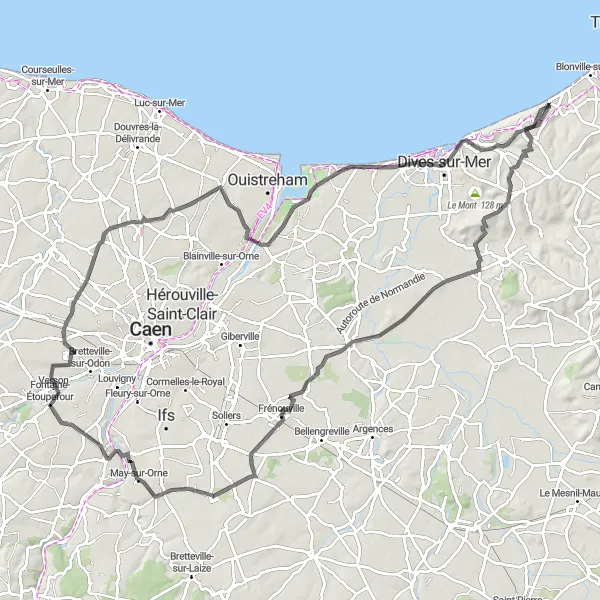 Map miniature of "The Dives River Valley" cycling inspiration in Basse-Normandie, France. Generated by Tarmacs.app cycling route planner