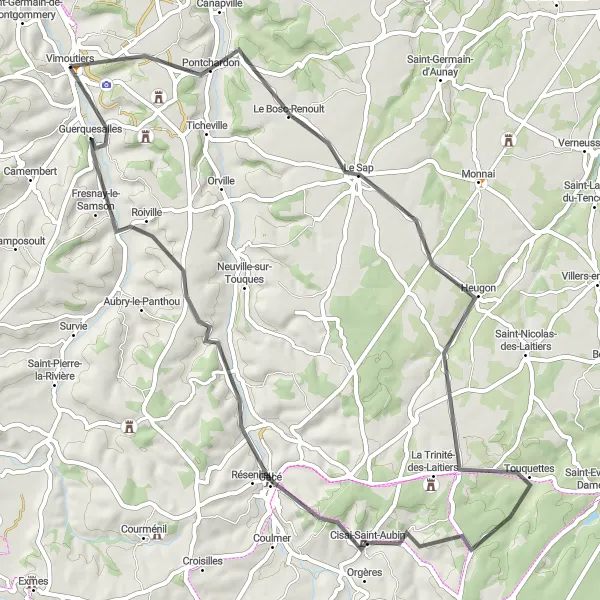 Miniature de la carte de l'inspiration cycliste "Le Tour de Gacé" dans la Basse-Normandie, France. Générée par le planificateur d'itinéraire cycliste Tarmacs.app
