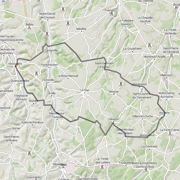 Miniature de la carte de l'inspiration cycliste "Les Vallées de l'Orne" dans la Basse-Normandie, France. Générée par le planificateur d'itinéraire cycliste Tarmacs.app