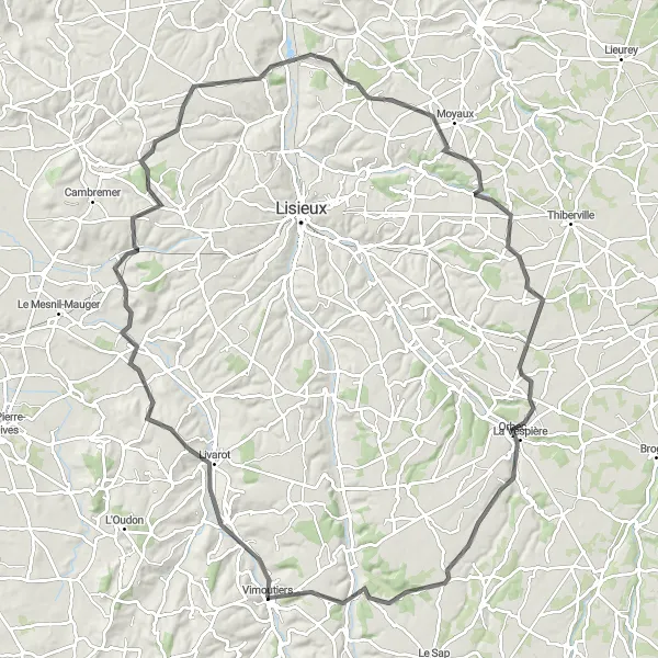 Miniature de la carte de l'inspiration cycliste "Le Circuit du Camembert" dans la Basse-Normandie, France. Générée par le planificateur d'itinéraire cycliste Tarmacs.app