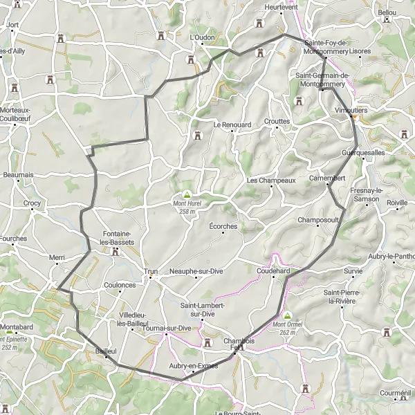 Map miniature of "Mont-Ormel to La Hunière" cycling inspiration in Basse-Normandie, France. Generated by Tarmacs.app cycling route planner