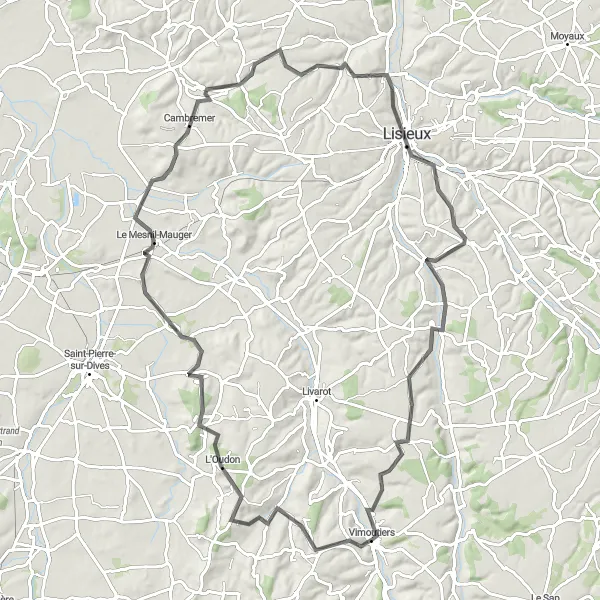 Miniature de la carte de l'inspiration cycliste "Le Défi de Lisieux" dans la Basse-Normandie, France. Générée par le planificateur d'itinéraire cycliste Tarmacs.app