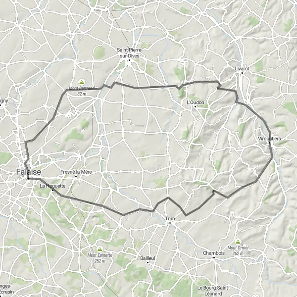 Map miniature of "Spectacular Falaise Loop" cycling inspiration in Basse-Normandie, France. Generated by Tarmacs.app cycling route planner