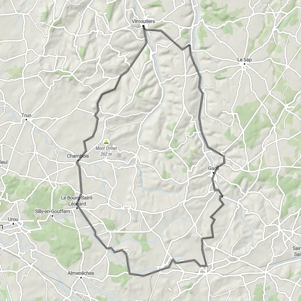 Miniature de la carte de l'inspiration cycliste "Les Collines Normandes" dans la Basse-Normandie, France. Générée par le planificateur d'itinéraire cycliste Tarmacs.app