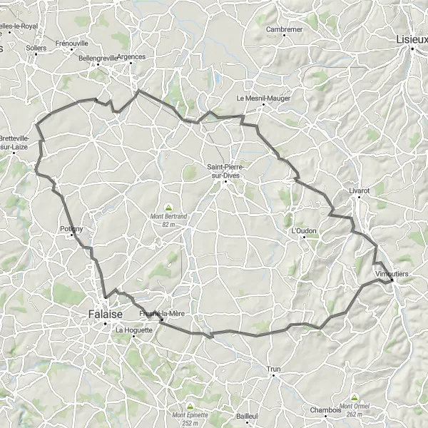 Miniature de la carte de l'inspiration cycliste "Les Monts de Normandie en vélo" dans la Basse-Normandie, France. Générée par le planificateur d'itinéraire cycliste Tarmacs.app