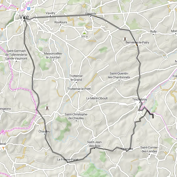 Miniature de la carte de l'inspiration cycliste "Boucle des Villages Normands" dans la Basse-Normandie, France. Générée par le planificateur d'itinéraire cycliste Tarmacs.app