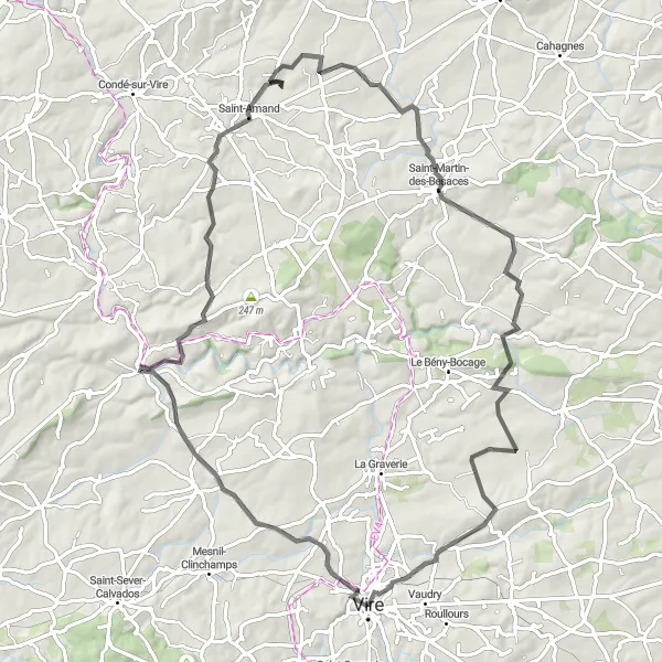 Miniature de la carte de l'inspiration cycliste "Parcours des Vallées Normandes" dans la Basse-Normandie, France. Générée par le planificateur d'itinéraire cycliste Tarmacs.app