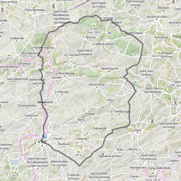 Miniature de la carte de l'inspiration cycliste "Parcours de cyclisme autour de Vire" dans la Basse-Normandie, France. Générée par le planificateur d'itinéraire cycliste Tarmacs.app
