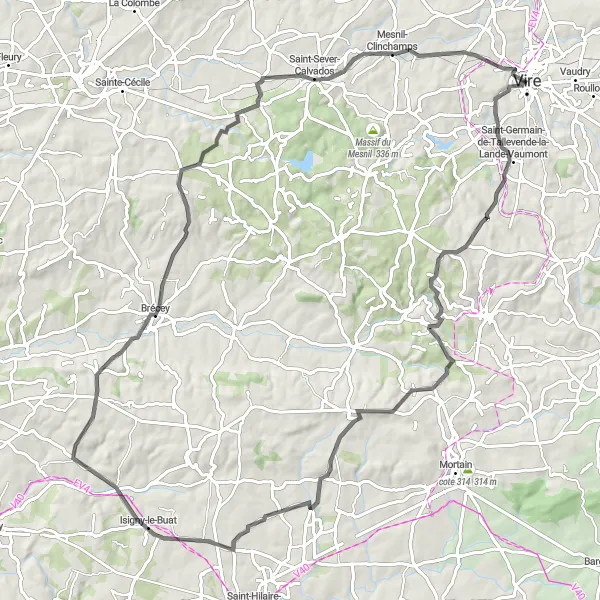 Miniature de la carte de l'inspiration cycliste "Aventure cycliste hors du commun près de Vire" dans la Basse-Normandie, France. Générée par le planificateur d'itinéraire cycliste Tarmacs.app