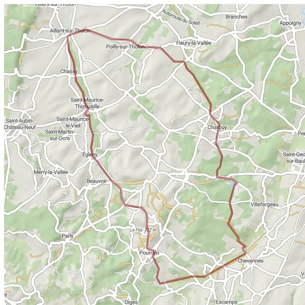 Map miniature of "Gravel Adventure" cycling inspiration in Bourgogne, France. Generated by Tarmacs.app cycling route planner