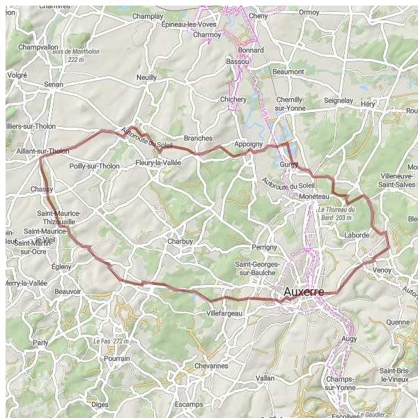 Map miniature of "Scenic Route through Vineyards and Valleys" cycling inspiration in Bourgogne, France. Generated by Tarmacs.app cycling route planner