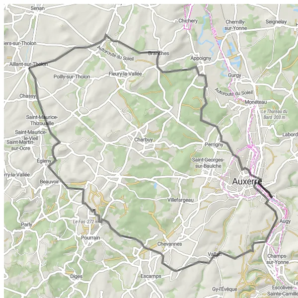 Map miniature of "Bourgogne Discovery" cycling inspiration in Bourgogne, France. Generated by Tarmacs.app cycling route planner